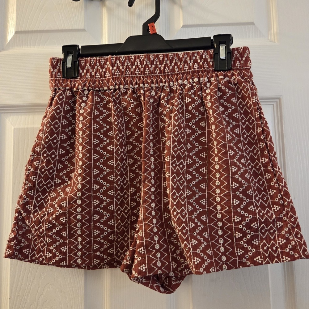 Zara sz S brown embroidered eyelet pull on shorts summer casual boho lightweight